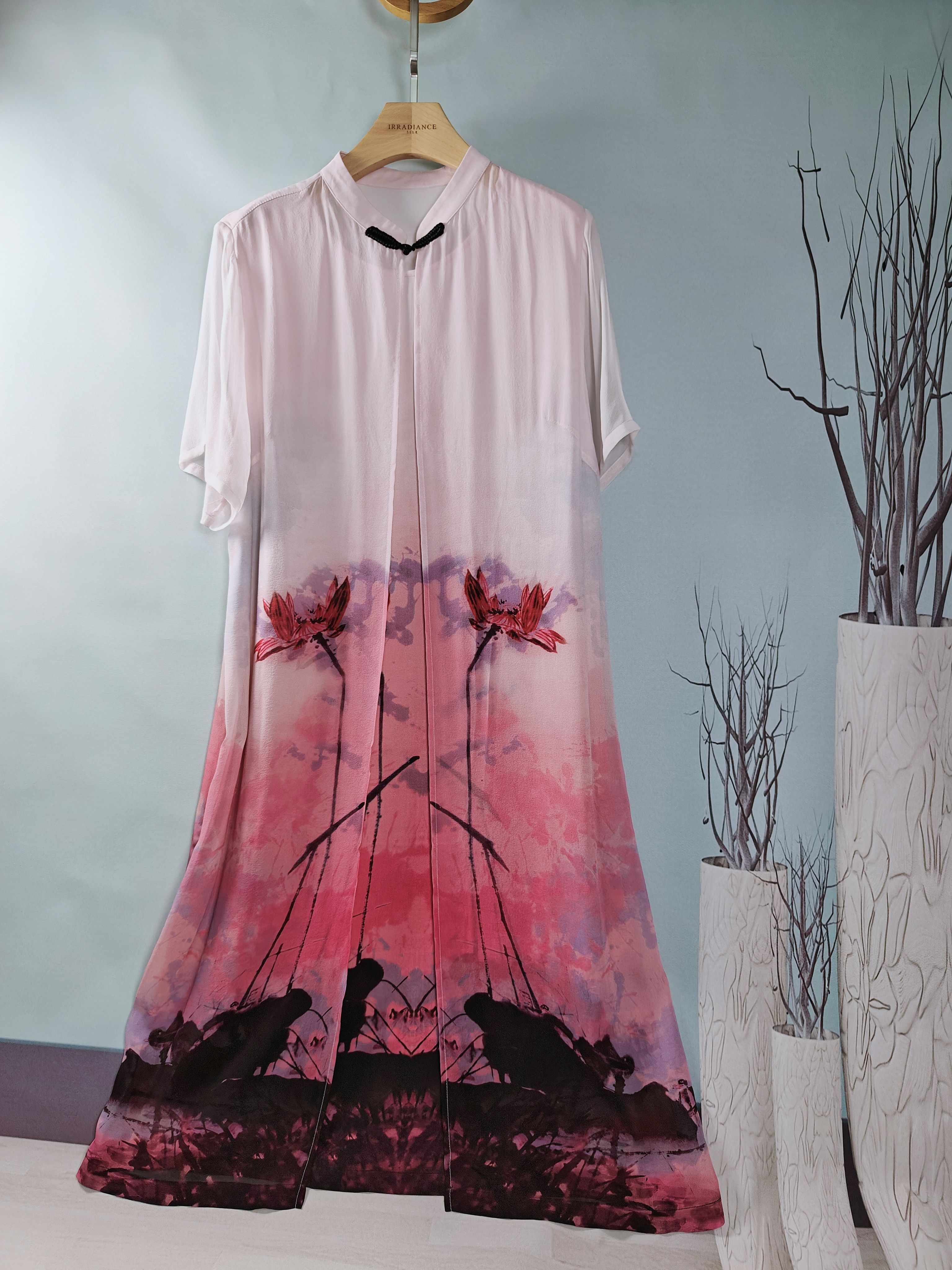 中国风真丝连衣裙女装优雅印花立领短袖套头假两件妈妈中长裙QC7