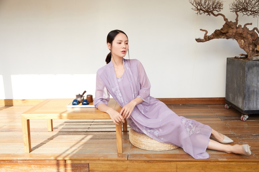 双层桑蚕丝印花连衣裙假两件套