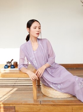 杭州丝绸双层真丝连衣裙女假两件套印花纯桑蚕丝女裙宽松大码J100