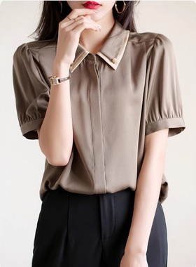 商场同款重磅真丝短袖上衣设计感气质纯色桑蚕丝百搭女装衬衫B13