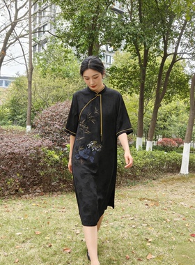 新中式桑蚕丝连衣裙夏季真丝提花改良旗袍妈妈装气质宽松遮肉显瘦