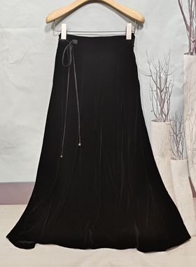 仙仙1 春秋款黑色真丝丝绒半身裙修身显瘦气质新中式桑蚕丝a字裙R