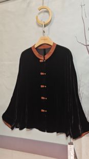 仙仙红云纱拼接真丝丝绒开衫上衣女立领国风长袖桑蚕丝女唐装衬衫