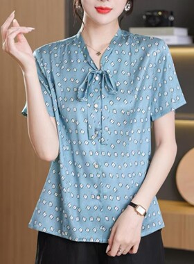专柜特价重磅真丝上衣印花飘带短袖衬衣桑蚕丝女大码宽松小衫B22
