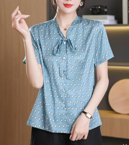专柜特价重磅真丝上衣印花飘带短袖衬衣桑蚕丝女大码宽松小衫B22