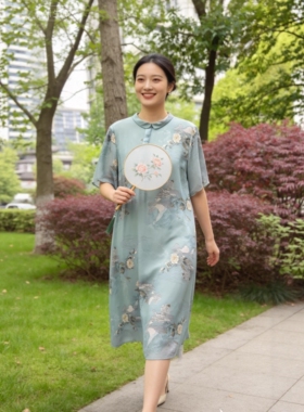 杭州丝绸妈妈连衣裙 双层桑蚕丝 夏装新款中老年宽松显瘦长裙女