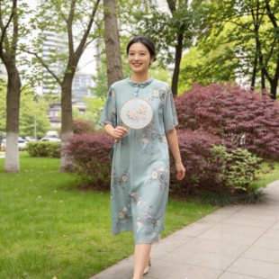 杭州丝绸妈妈连衣裙 双层桑蚕丝 夏装新款中老年宽松显瘦长裙女