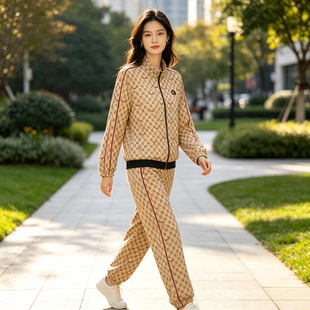 春秋复古印花桑蚕丝运动套装女中老年洋气真丝立领外套裤子两件套