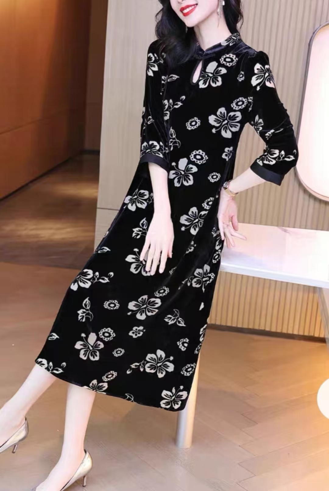 高档真丝烂花绡旗袍长款七分袖2025年春季丝绒款复古中国风连衣裙