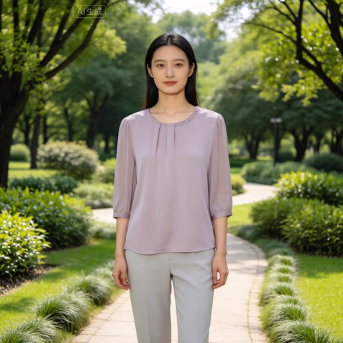 桑蚕丝钉珠圆领宽松七分袖衬衫女