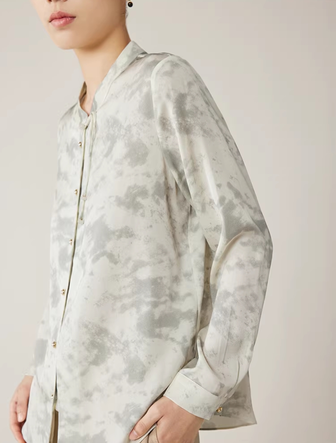 新中式手工盘扣水墨印花双乔真丝长袖衬衫女气质款桑蚕丝上衣B28