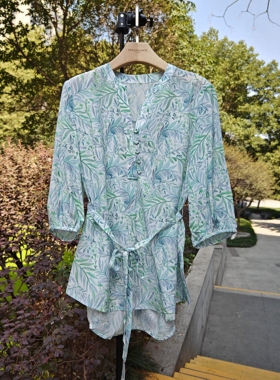 100桑蚕丝春夏轻薄飘逸度假风  中袖收腰系带百搭真丝女上衣B77