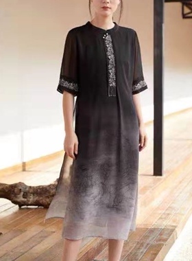 仙仙双层桑蚕丝纯色连衣裙刺绣中式真丝长裙J106