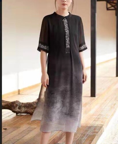 仙仙双层桑蚕丝纯色连衣裙中式