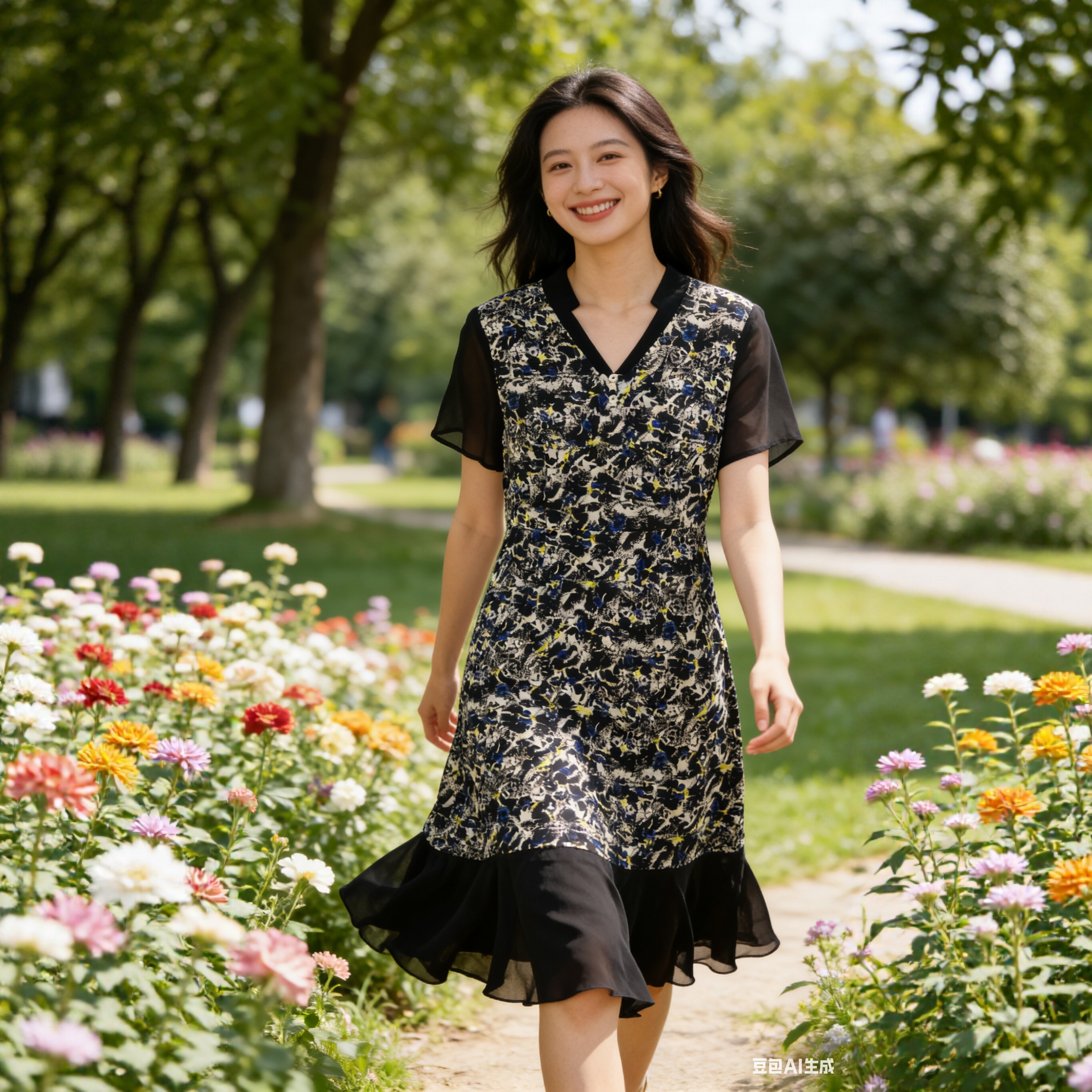 100桑蚕丝拼色连衣裙荷叶边裙摆女印花透气双绉修身真丝中长裙A5