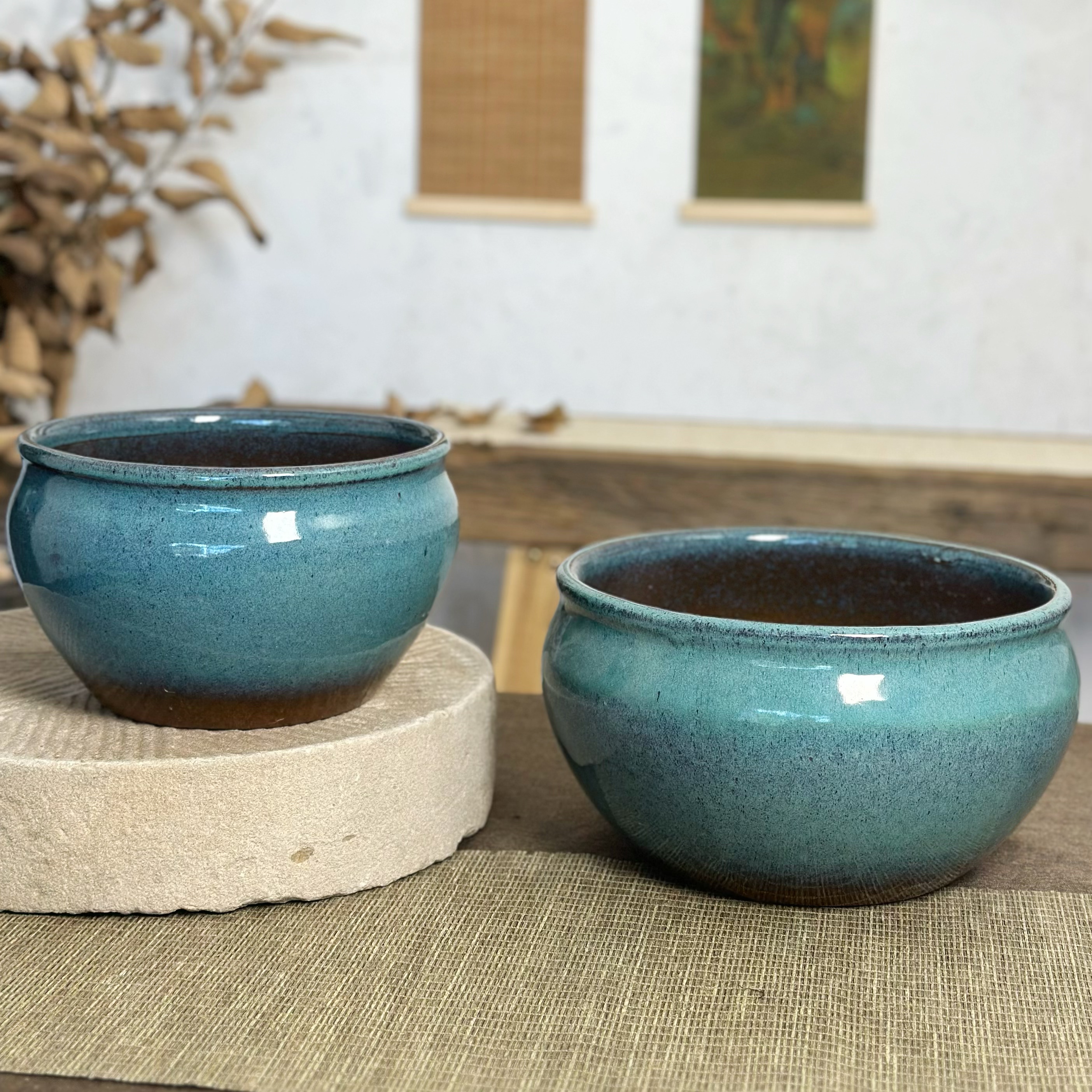 窑变蓝碗莲睡莲花盆陶瓷无孔花盆窑变釉面无孔盆水培花盆铜钱草盆