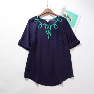 衬衫 外贸女装 T恤A3226 轻薄短袖 小镂空系带领口 J018 小众设计感
