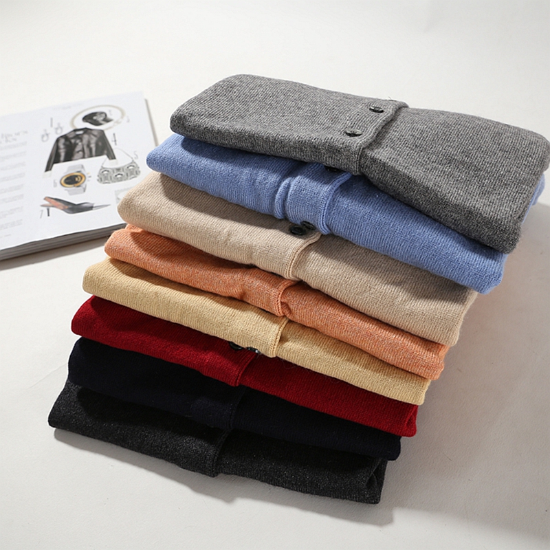 外贸女 多色可选 基础款 圆领百搭排扣 真丝羊绒针织开衫~A4821