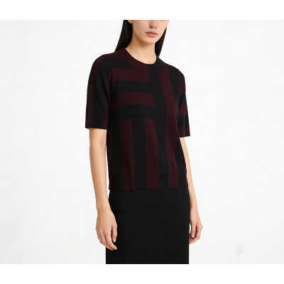 【限时7折】J003经典复古优雅怀旧条纹圆领短袖羊毛针织衫女A4916