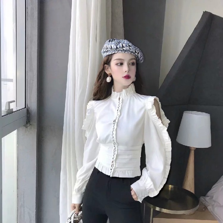春秋季新款宫廷风时髦木耳边露肩褶皱收腰黑白纯色缎面衬衫上衣女|msdalam kategori Butik wanita / wanita, shirt - dari Buy2taobao.com untuk memberikan perkhidmatan ejen Taobao profesional membeli