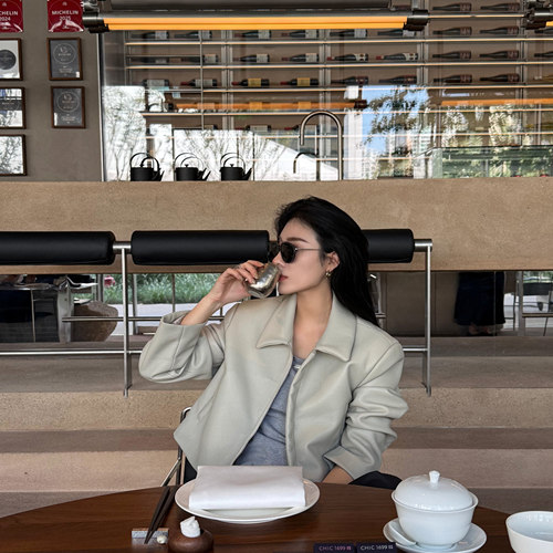 OopsLuLu 高智感大象灰正肩翻领短款皮衣外套
