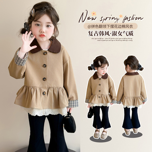 女童春装2026新款春秋季儿童洋气开衫下摆花边棉风衣女宝韩系上衣