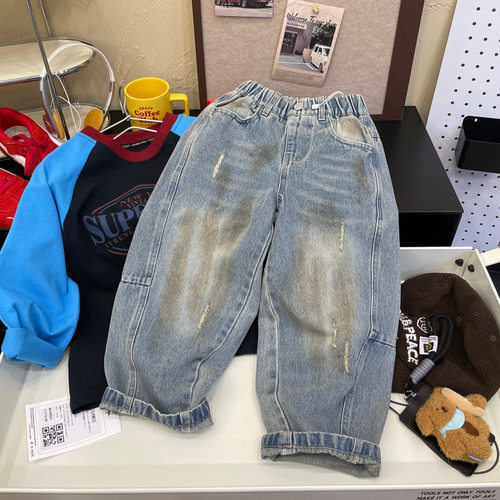 手工刷黄做旧牛仔裤纯棉软牛仔2026秋季新款儿童长裤萝卜裤男童潮