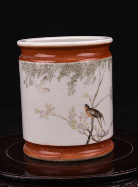 大清光绪余子明绘浅绛彩柳林春燕图官窑内造款矾红笔筒