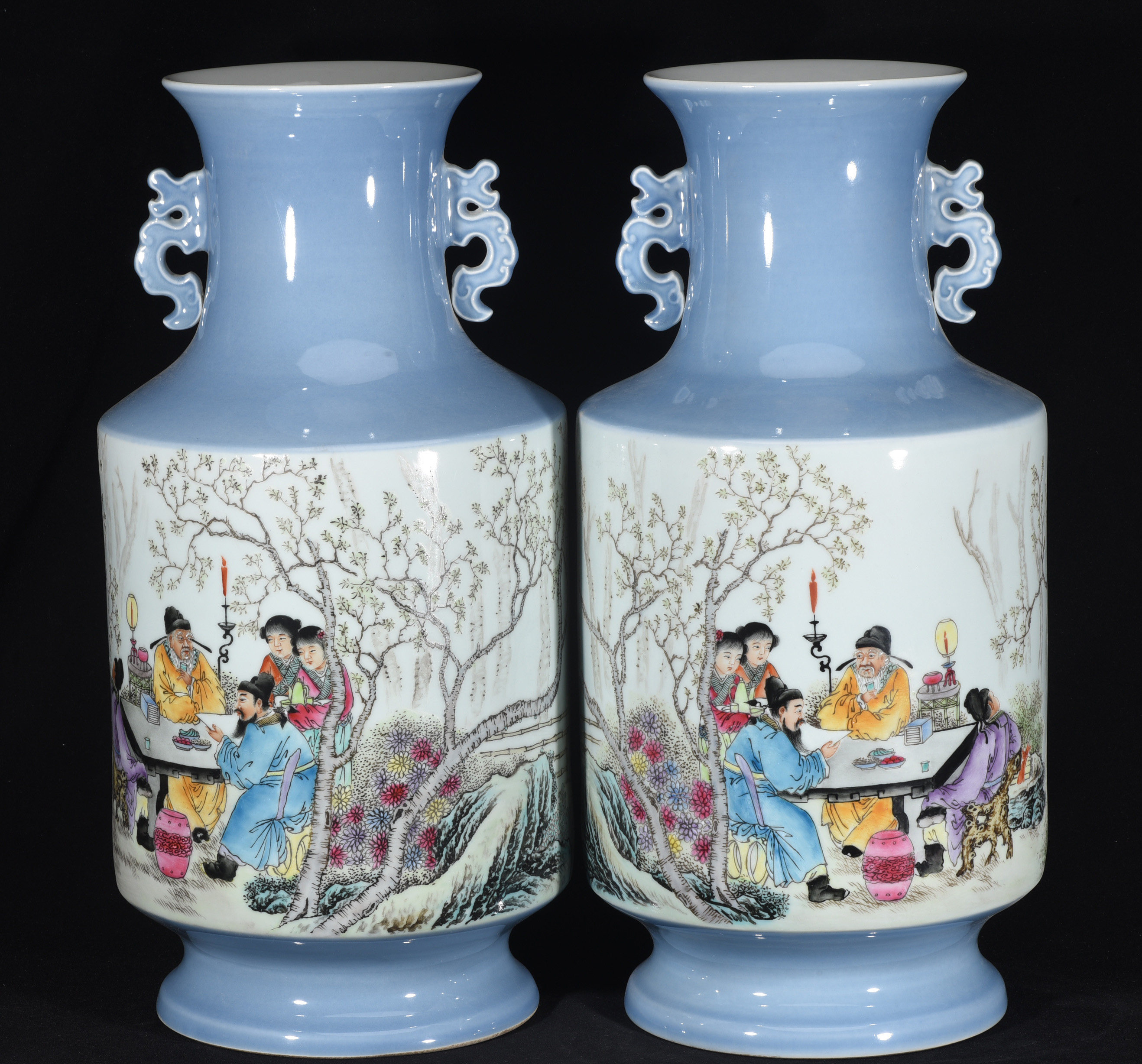 民国珠山八友王琦绘霁青粉彩桃林夜宴图灯笼瓶