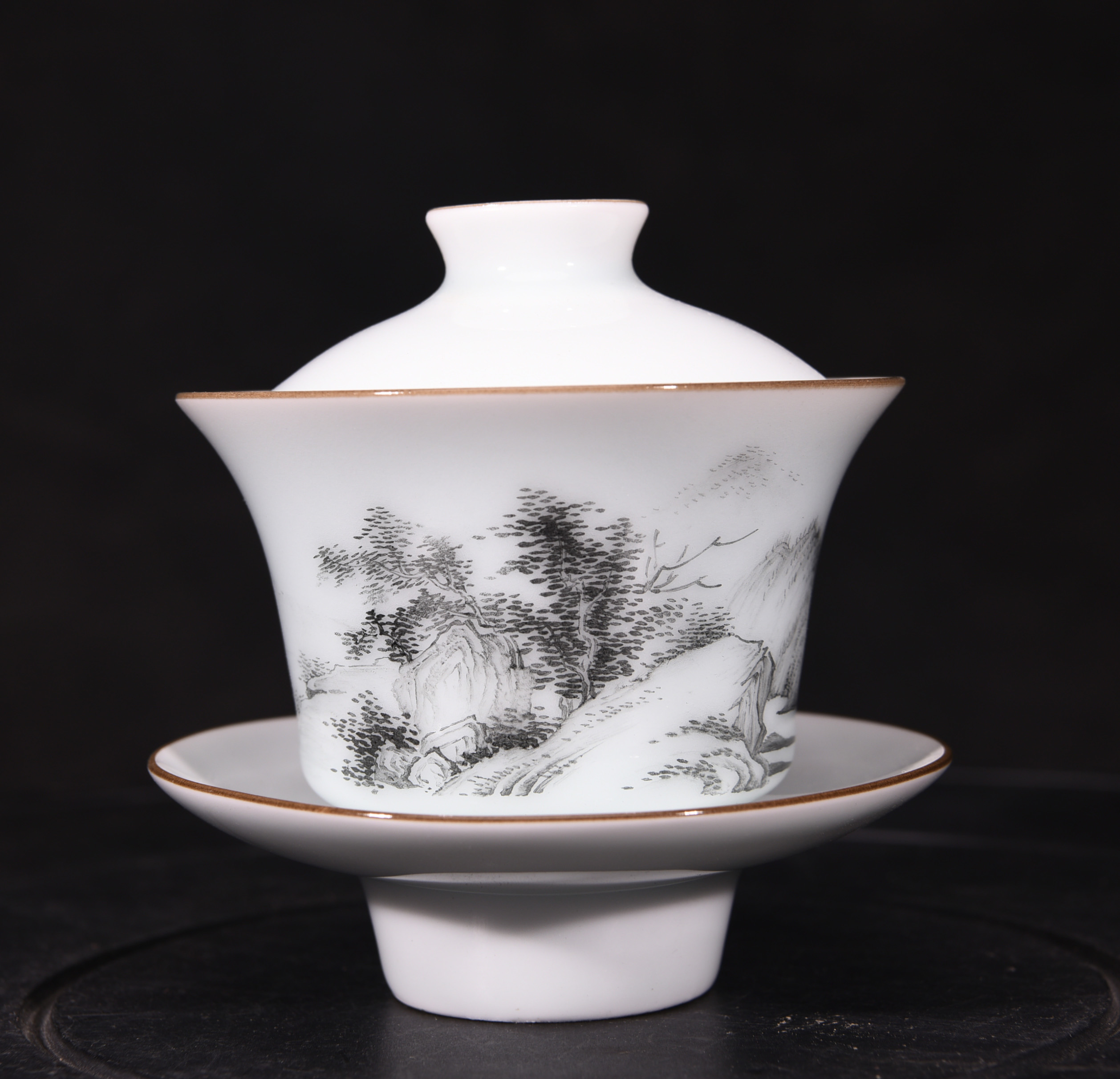 大清雍正粉彩墨彩山水纹天地人三才盖碗茶盏茶杯