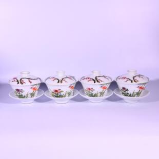 民国珠山八友刘雨岑绘粉彩梅兰竹菊四君子天地人三才盖碗茶杯