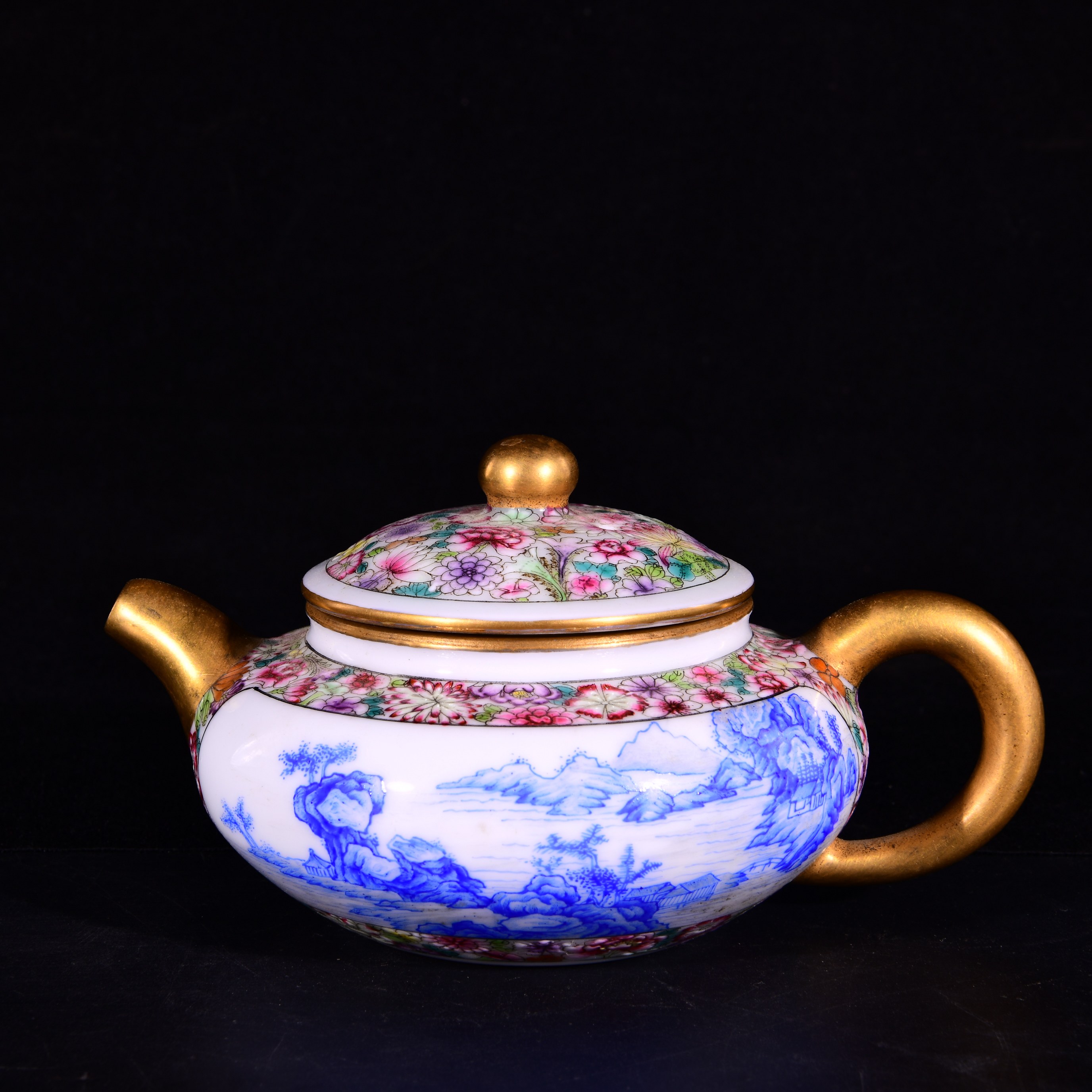 大清雍正年制珐琅彩万花锦纹开窗蓝珐琅料山水纹本色真金酒壶茶壶