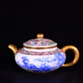 大清雍正年制珐琅彩万花锦纹开窗蓝珐琅料山水纹本色真金酒壶茶壶