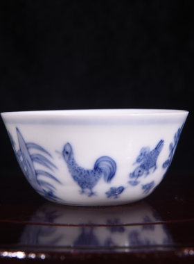 大明成化年松柴烧制小鸡全家福纹缸型酒杯茶盏茶杯