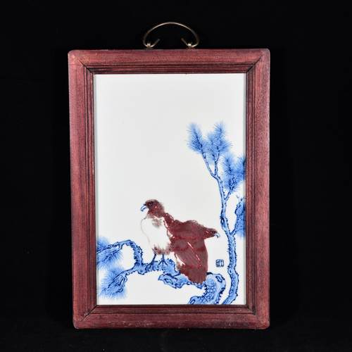 建国初期竹溪道人王步绘青花釉里红松鹰图瓷板画