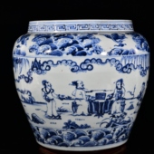 大明天顺空白期青花高士访友图于谦款 画缸