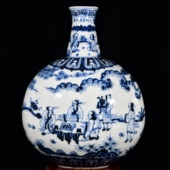 大明宣德年制松柴烧苏麻离青料青花高士图马三宝款 扁瓶