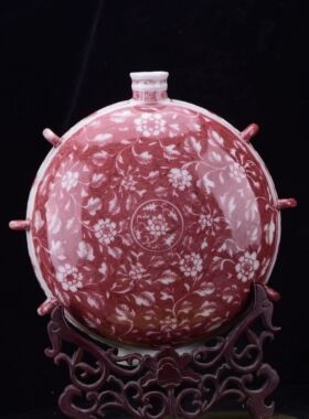 元末明初朱元璋松柴烧制红托白釉里红折枝花纹六系扁壶壁壶轿壶