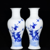 民国丁卯1927年竹溪道人王步写青花竹林灵禽纹观音尊