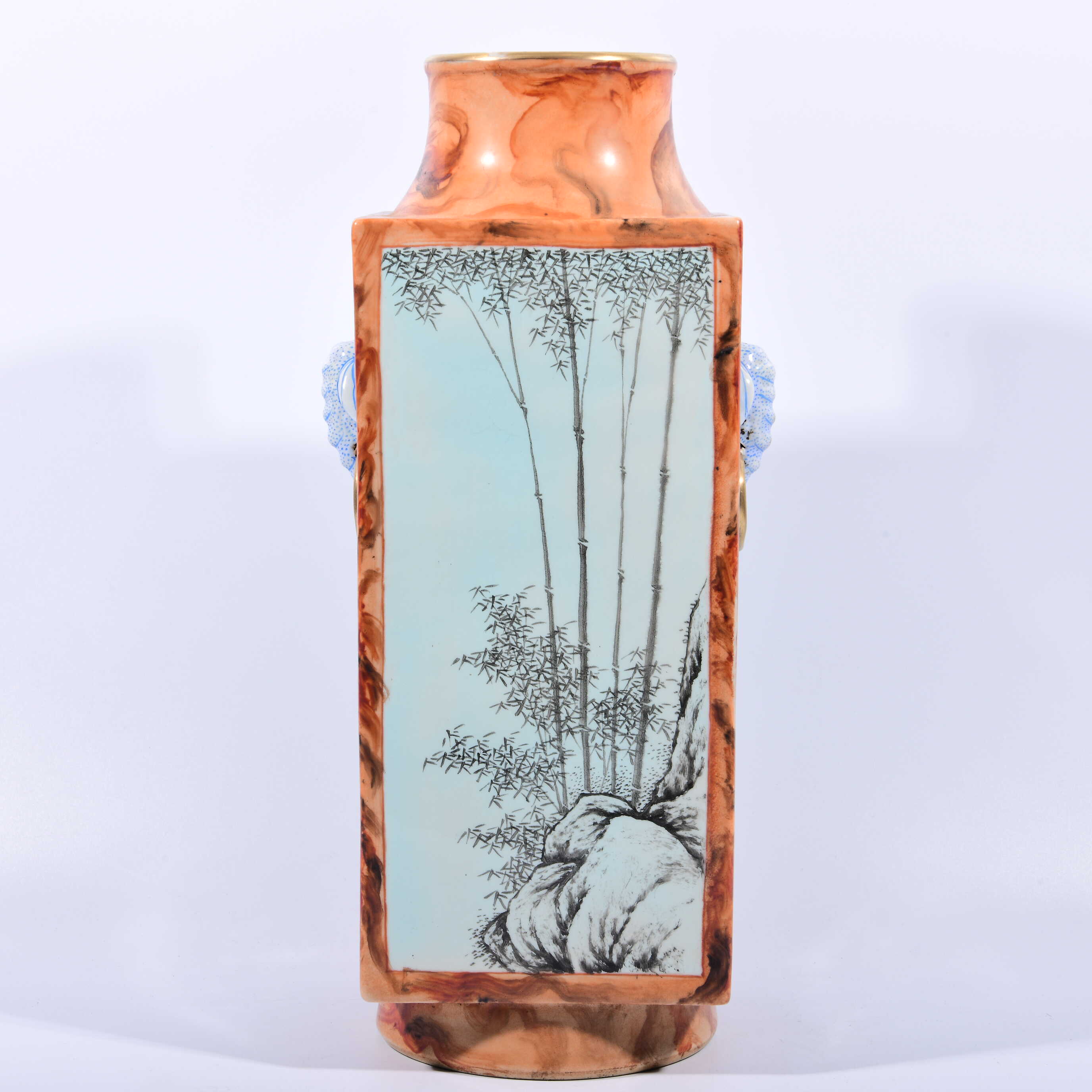 大清乾隆年制洋彩粉彩松石绿地墨彩梅兰竹菊四方琮瓶