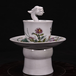 民国珠山八友刘雨岑绘粉彩荷塘淸趣龙头公道杯