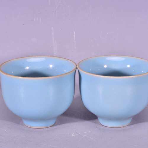 大宋清凉寺天青色玛瑙釉汝窑徽宗天下一人款酒杯茶杯