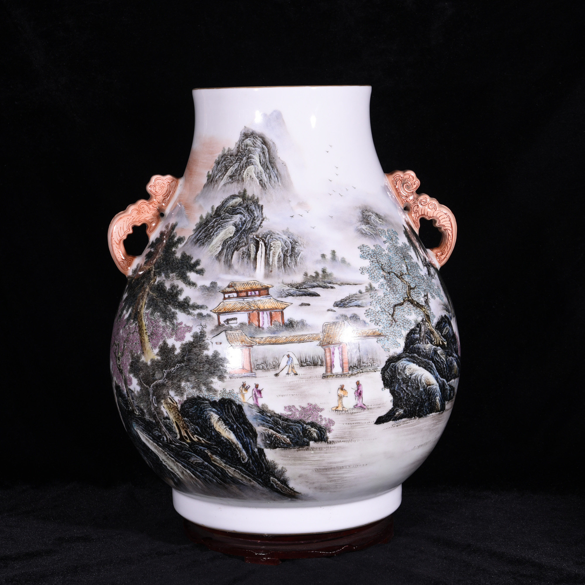 建国初期张志汤绘粉彩山水高士图纹亦陶斋款尊福筒