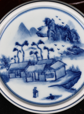 大清康熙青花茅檐低小山水纹墨床笔舔盖置镇纸