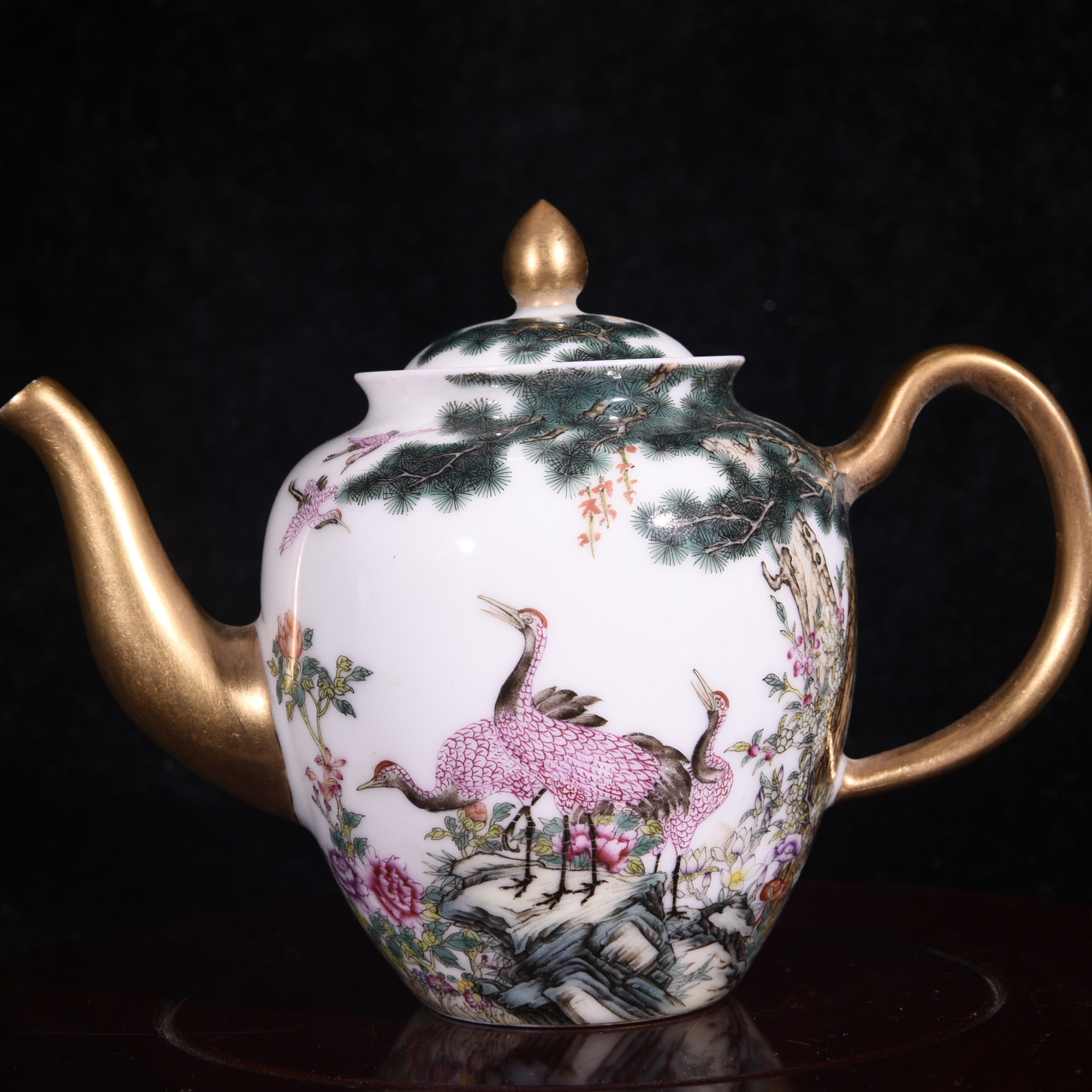 大清雍正年制珐琅彩本色真金六鹤同春纹酒壶茶壶