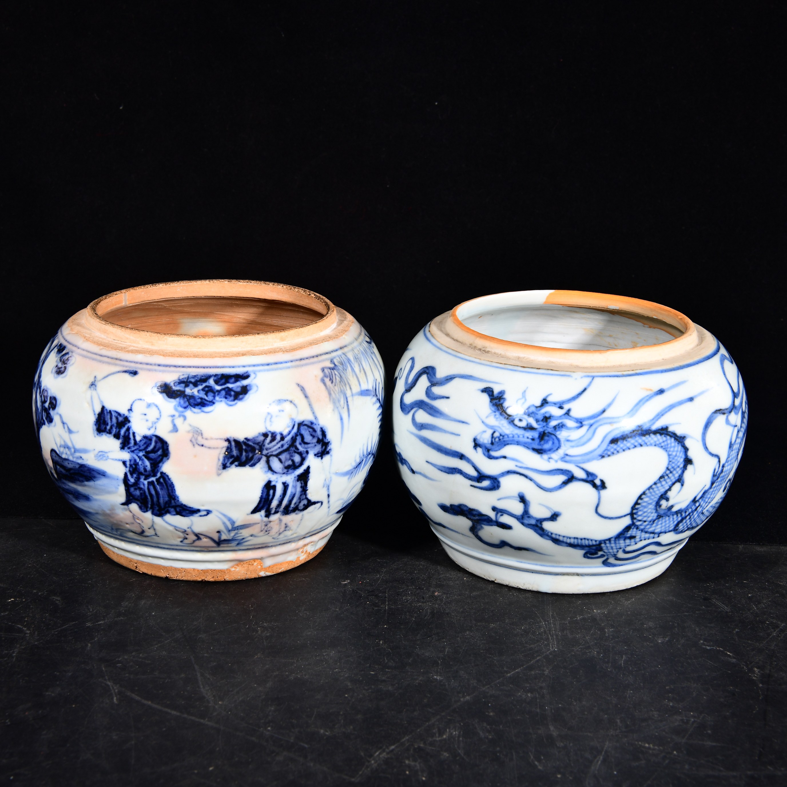 大元国松柴烧苏麻里青料青花婴戏图云龙纹望子成龙纹围棋罐