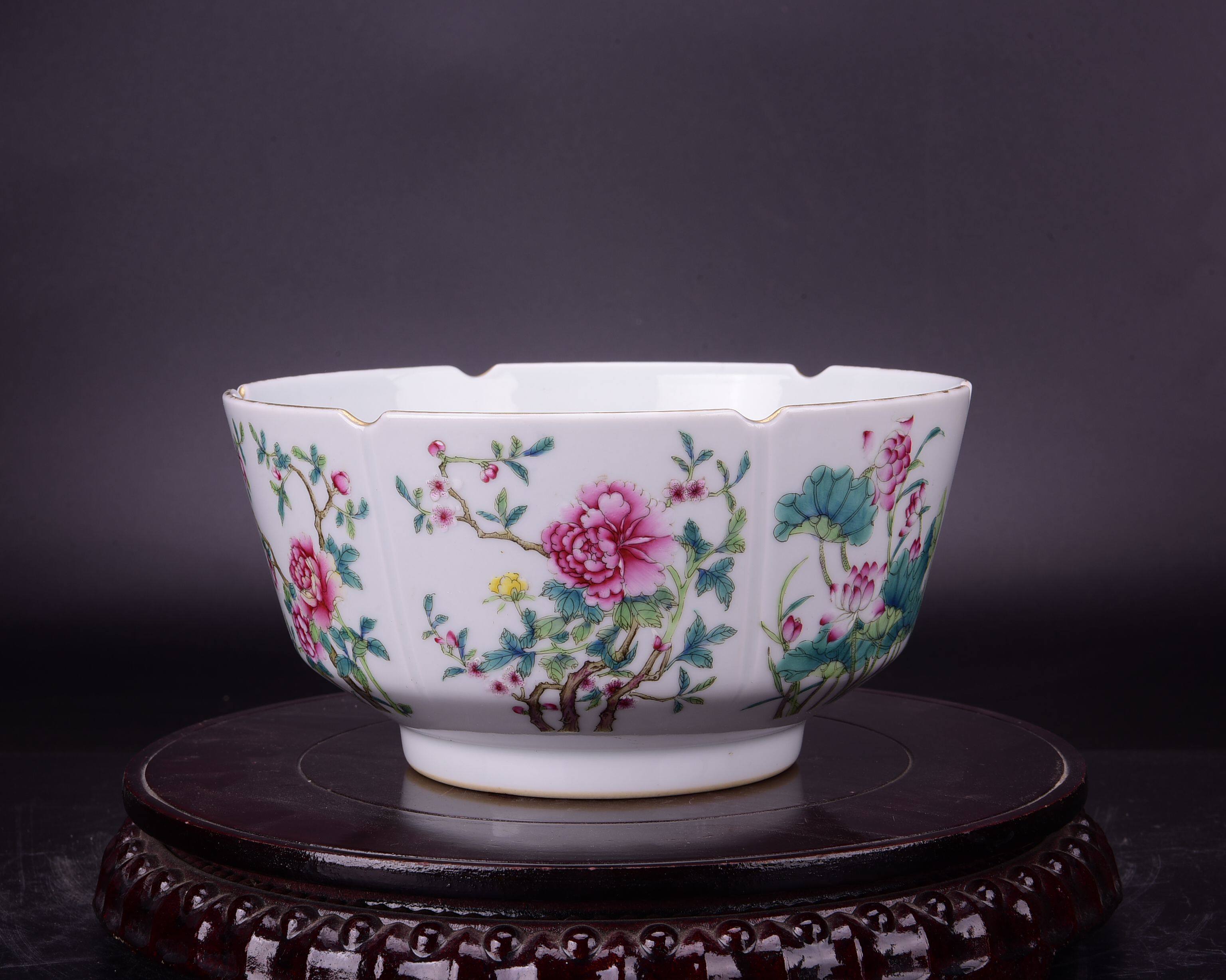 大清雍正年制洋彩粉彩珐琅彩折枝花纹本色真金葵口碗笔洗