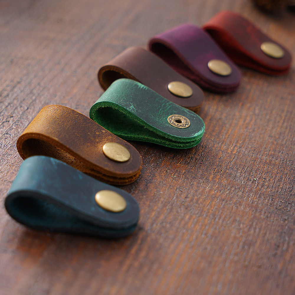 手工真皮束线带头层牛皮按扣理线带数据线扎带耳机整理绑带收纳扣