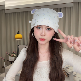 春夏薄款月子帽单层纯棉帽子双层发带空调房防风孕妇产后坐月子