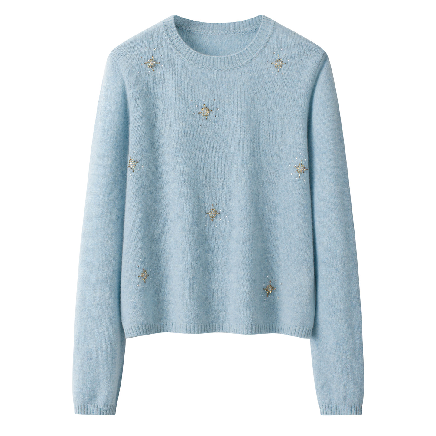 内蒙100纯山羊绒衫女式圆领钉珠满天星针织套头休闲短款毛衣外搭